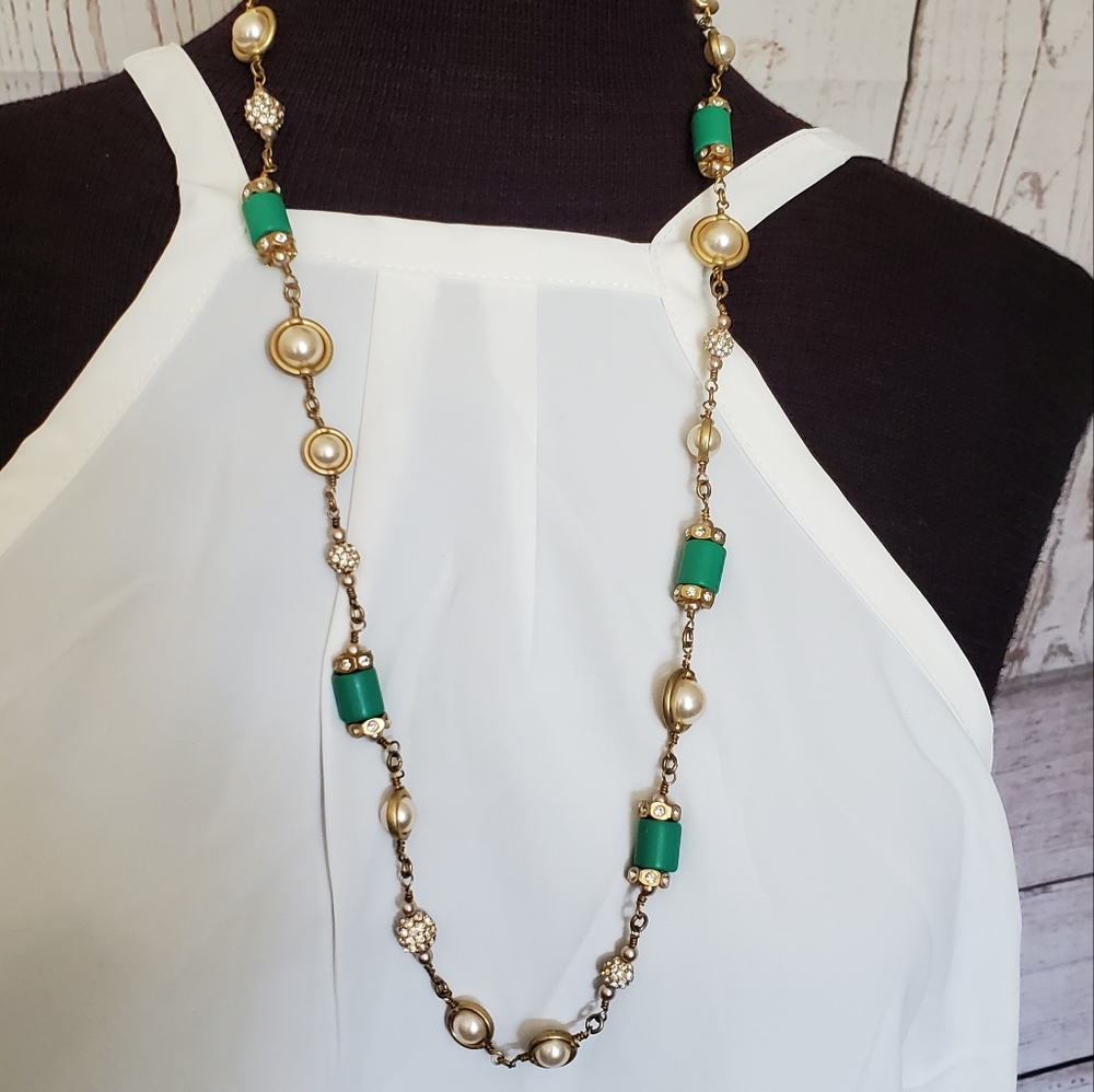 J. Crew goldtone faux pearl and rhinestone necklace with green cylinders